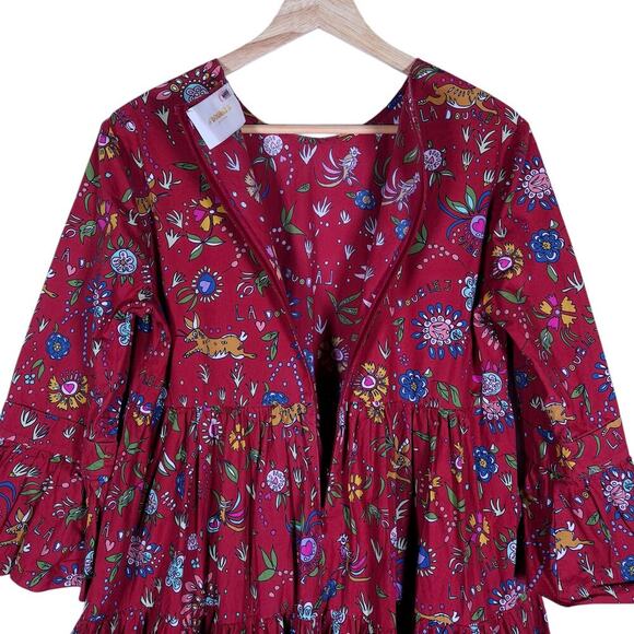 La DoubleJ Womens Bambi Dress Red Floral Print 40 Midi Long Sleeve Boho Chic Fit - Picture 12 of 15